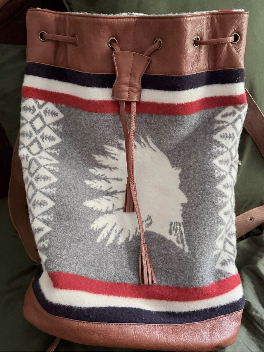 Pendleton Leather & Wool Drawstring Backpack – Vintage Southwestern Style